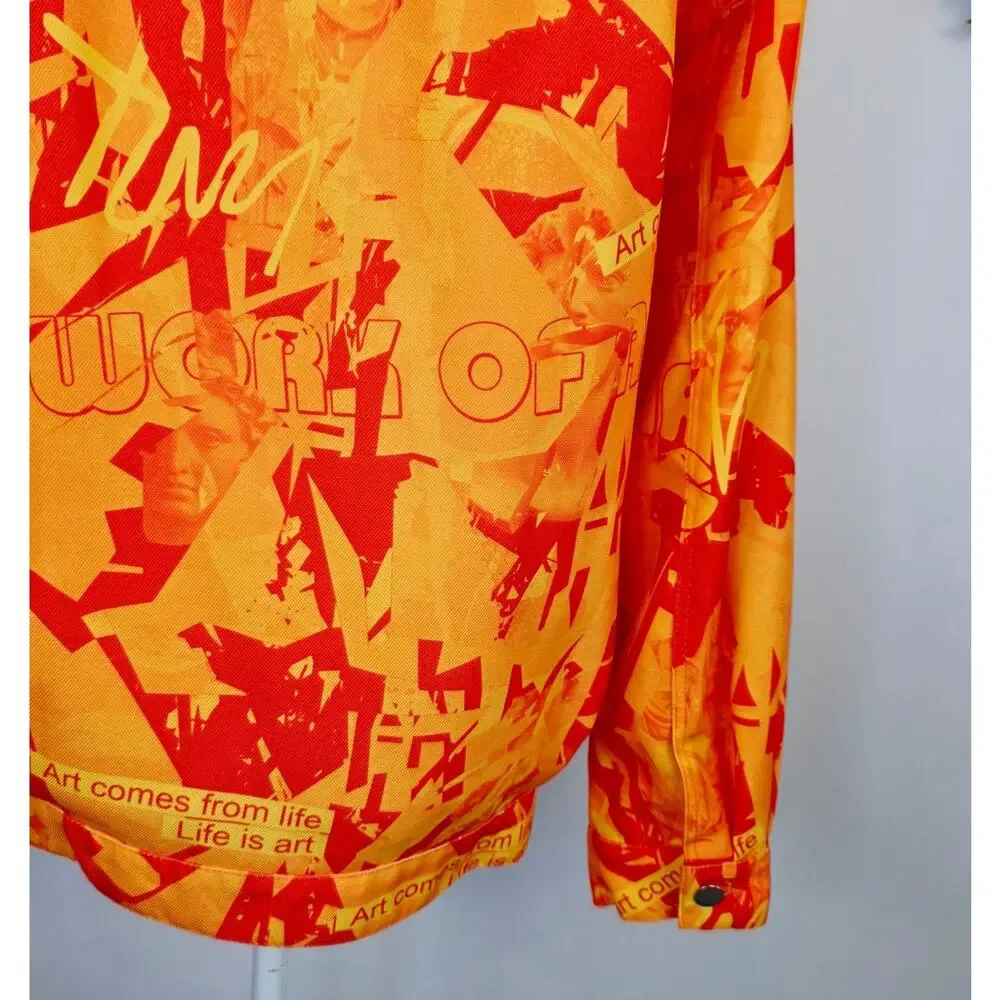 Artsy Graffiti Jacket Large Orange Art is Life Button Front Pop Streetwear Shein